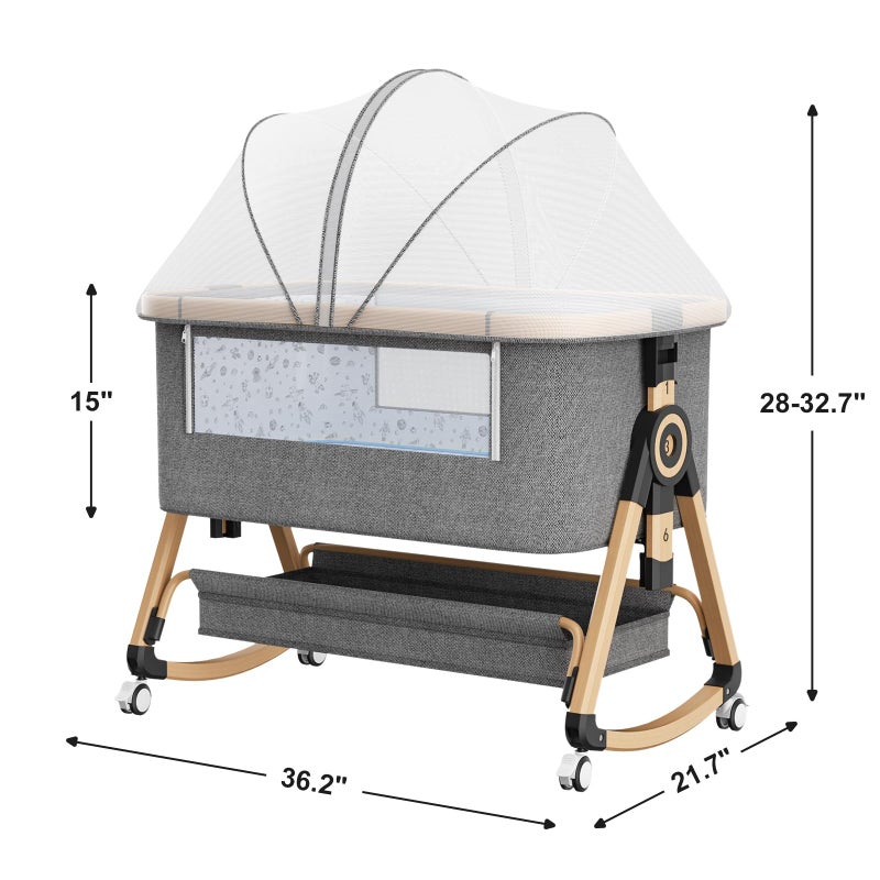 whiffee 3 in 1 Baby Bassinet,Bedside Sleeper with Storage Basket and Wheels,Portable Baby Crib with Mosquito Net, 6 Adjustable Height & Breathable Mesh,Easy to Fold (Brown&Black) - Image 2