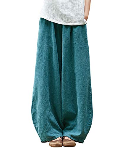 IXIMO Womens Casual Cotton Linen Baggy Pants with Elastic Waist Relax Fit Lantern Trousers Blue L - Image 1