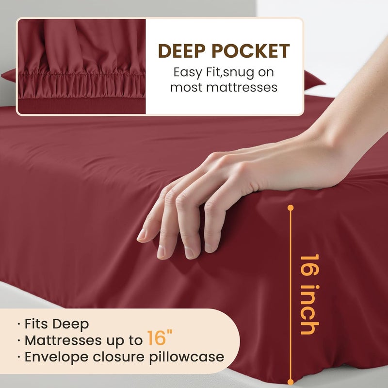 USXIBEI King Size 4 Piece Bed Sheet Set - Ultra Imitation Cotton-Premium Breathable & Cooling Sheets - Hotel Luxury Bed Sheets Deep Pocket up to 15"- Wrinkle, Fade, Stain Resistant (Burgundy, King) - Image 5