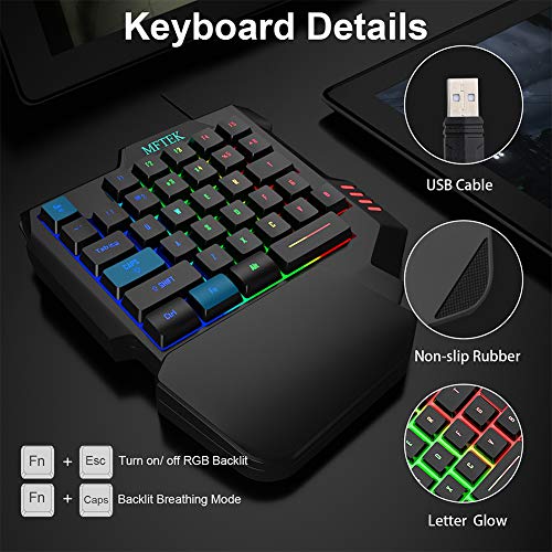 MFTEK One Hand Gaming Keyboard and Mouse Combo, RGB Rainbow Backlit One-Handed Mechanical Feeling Keyboard with Wrist Rest Support, USB Wired Keyboard Mouse and Mouse Pad Set for PC PS4 Gamer - Image 3