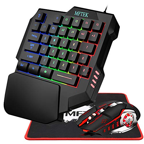 MFTEK One Hand Gaming Keyboard and Mouse Combo, RGB Rainbow Backlit One-Handed Mechanical Feeling Keyboard with Wrist Rest Support, USB Wired Keyboard Mouse and Mouse Pad Set for PC PS4 Gamer - Image 1