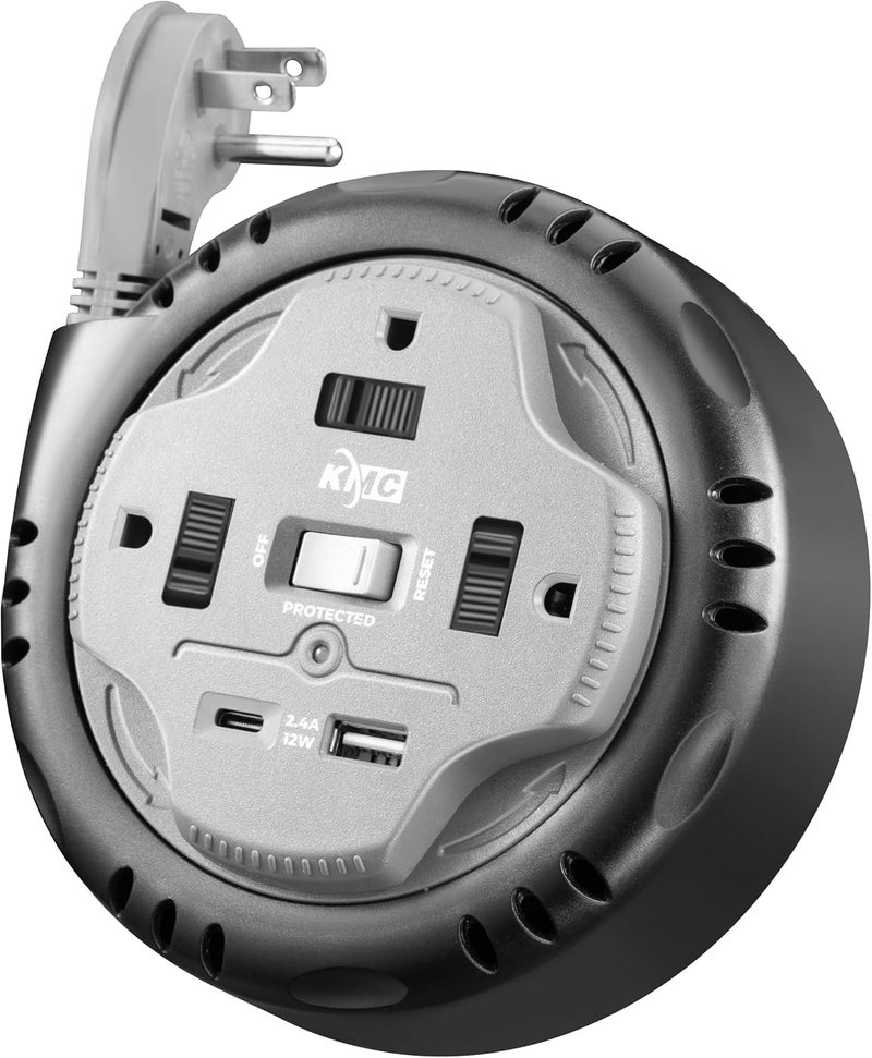 KMC 3-Outlet Surge Twist Cord Reel, USB-C & USB-A Ports, Retractable Power Strip Surge Protector, 735J Surge Protection, 5ft Retractable Extension Cord, 3-Prong Flat Plug, UL/ETL Certified, Gray - Image 1