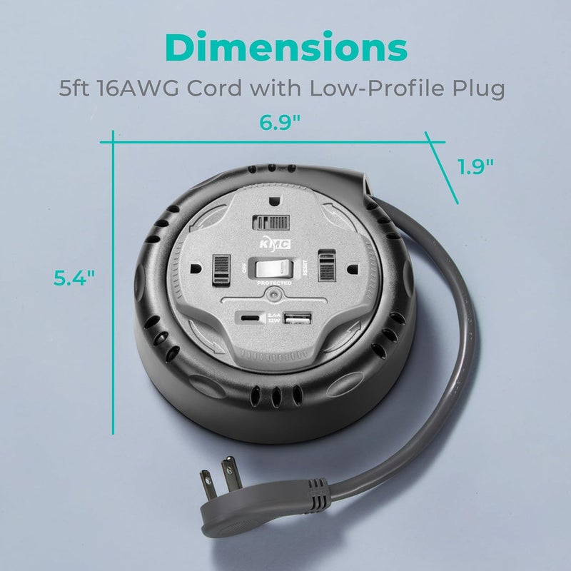 KMC 3-Outlet Surge Twist Cord Reel, USB-C & USB-A Ports, Retractable Power Strip Surge Protector, 735J Surge Protection, 5ft Retractable Extension Cord, 3-Prong Flat Plug, UL/ETL Certified, Gray - Image 3