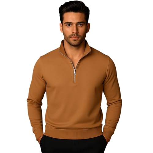 Mack Jonney Men’s Fleece Half-Zip Beige Color High Neck Sweatshirt | Warm & Stylish Winter Wear -M4385 - Image 1