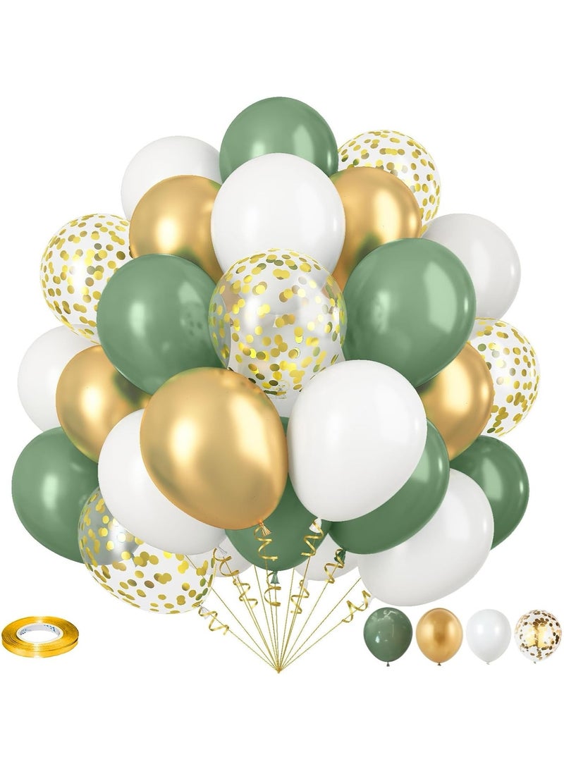 62Pcs Sage Green Gold Balloon Kit,12Inch Sage Green and Gold Confetti Balloons,Metallic Gold Party Balloon with Ribbon for Birthday Party,Baby Shower Decoration,Wedding,Graduation,Eucalyptus Party - Image 1