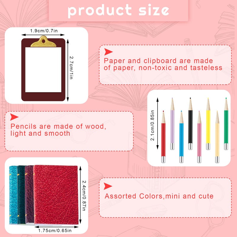 Sumind 4 Pieces Miniature Books with 8 Pcs Pencils and 2 Pcs Clipboards Mini House Decoration Accessories Coloring House Play Set for Miniature Room, DIY Crafting(Simple Style) - Image 2
