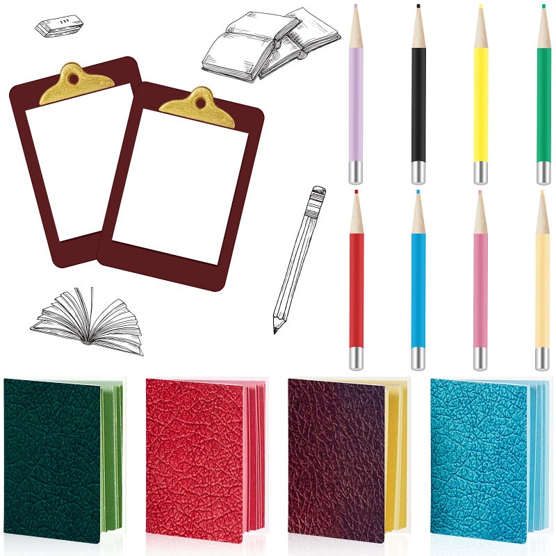 Sumind 4 Pieces Miniature Books with 8 Pcs Pencils and 2 Pcs Clipboards Mini House Decoration Accessories Coloring House Play Set for Miniature Room, DIY Crafting(Simple Style) - Image 1