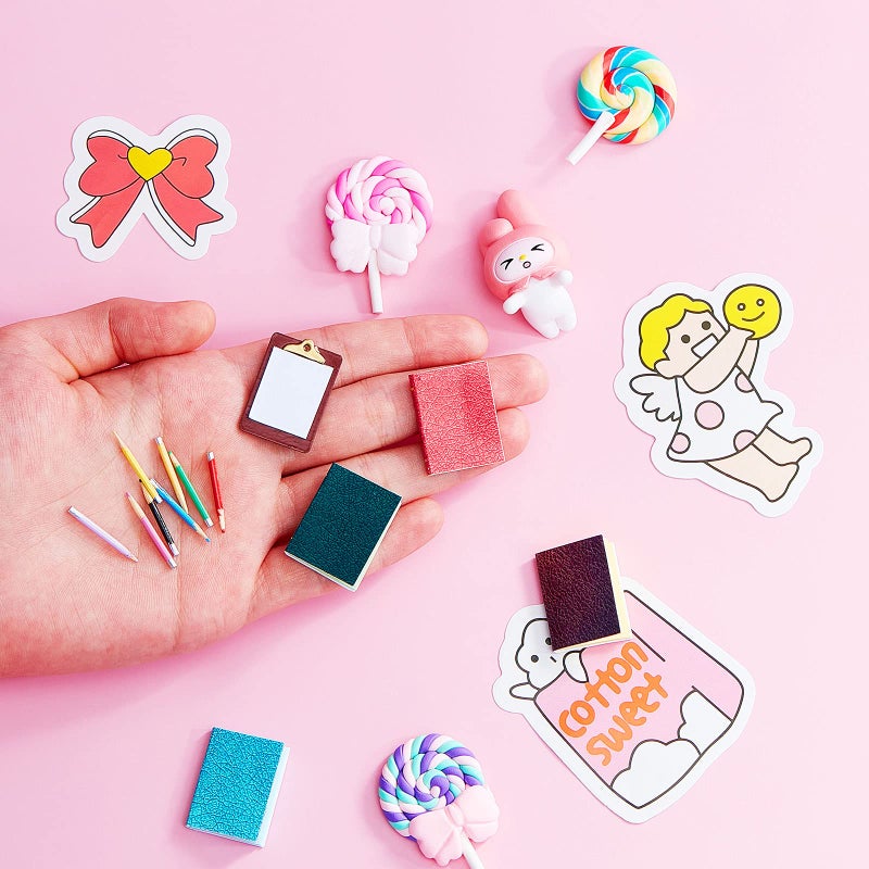 Sumind 4 Pieces Miniature Books with 8 Pcs Pencils and 2 Pcs Clipboards Mini House Decoration Accessories Coloring House Play Set for Miniature Room, DIY Crafting(Simple Style) - Image 4