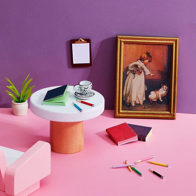 Sumind 4 Pieces Miniature Books with 8 Pcs Pencils and 2 Pcs Clipboards Mini House Decoration Accessories Coloring House Play Set for Miniature Room, DIY Crafting(Simple Style) - Image 5