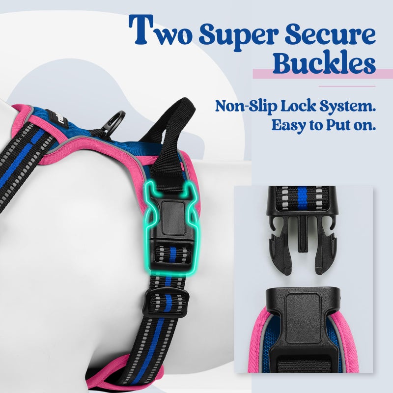 rabbitgoo Dog Harness No Pull with 2 Leash Clips, Adjustable Soft Padded, Reflective Oxford No Choke Pet Vest with Easy Control Handle for Large Dogs, Blue & Hot Pink, L - Image 3