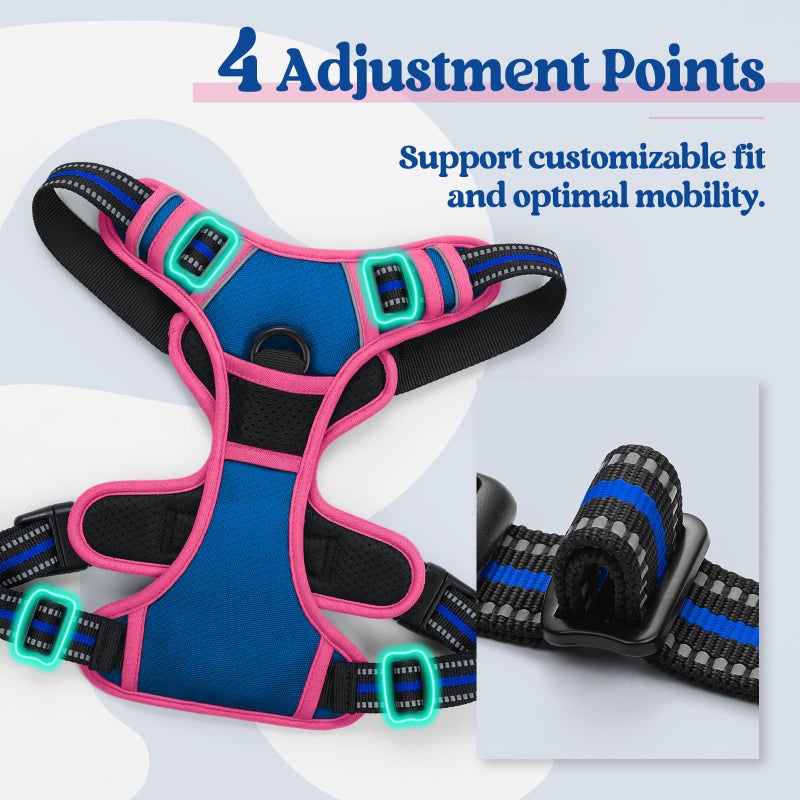 rabbitgoo Dog Harness No Pull with 2 Leash Clips, Adjustable Soft Padded, Reflective Oxford No Choke Pet Vest with Easy Control Handle for Large Dogs, Blue & Hot Pink, L - Image 4