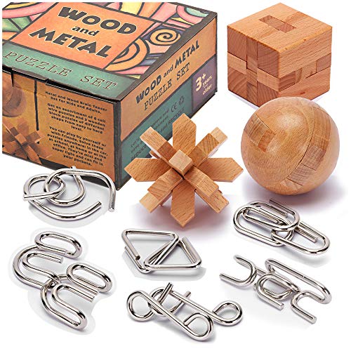 LESONG Brain Teasers Metal and Wooden Puzzles for Kids and Adults 9 Pack, Mind, IQ, and Logic Test and Handheld Disentanglement Games, 3D Coil Cast Wire Chain and Durable Wood Educational Toys - Image 1