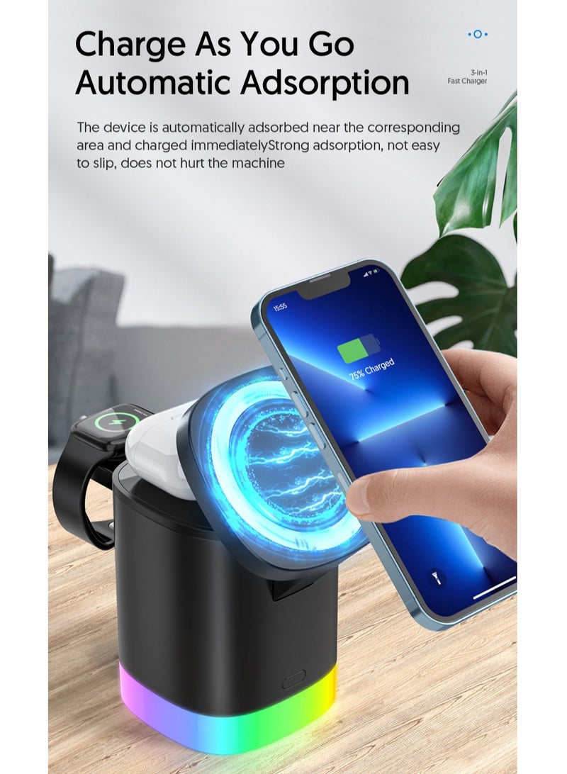 3-in-1 Magnetic Charging Dock With Foldable Stand And Night Illumination Non-Waterproof ABS Wireless Charger For iPhone 15/14/13/12 Pro/Max/Plus And Apple Watch Series 2-9 15W Fast Charging Power Co