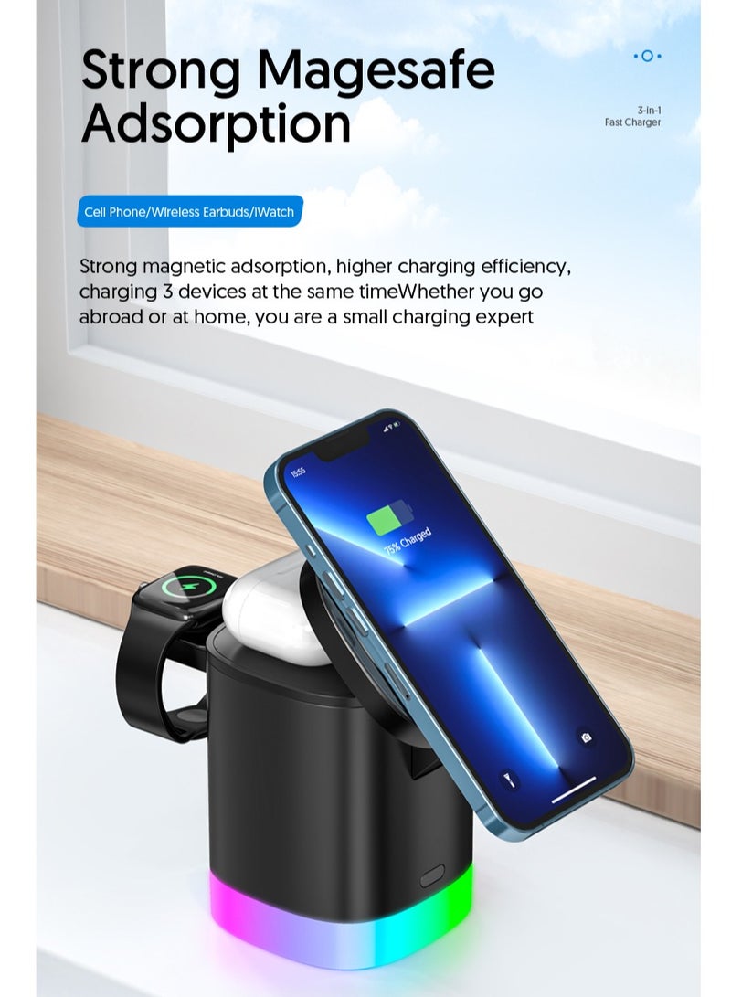 3-in-1 Magnetic Charging Dock With Foldable Stand And Night Illumination Non-Waterproof ABS Wireless Charger For iPhone 15/14/13/12 Pro/Max/Plus And Apple Watch Series 2-9 15W Fast Charging Power Co