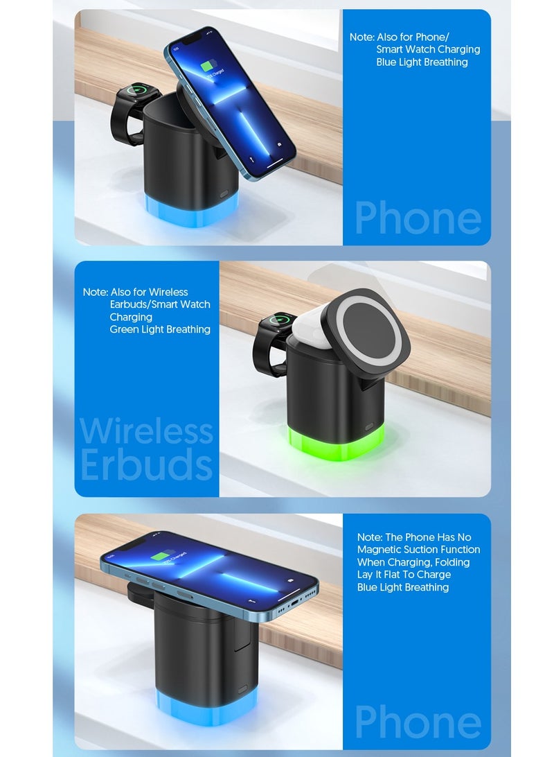 3-in-1 Magnetic Charging Dock With Foldable Stand And Night Illumination Non-Waterproof ABS Wireless Charger For iPhone 15/14/13/12 Pro/Max/Plus And Apple Watch Series 2-9 15W Fast Charging Power Co