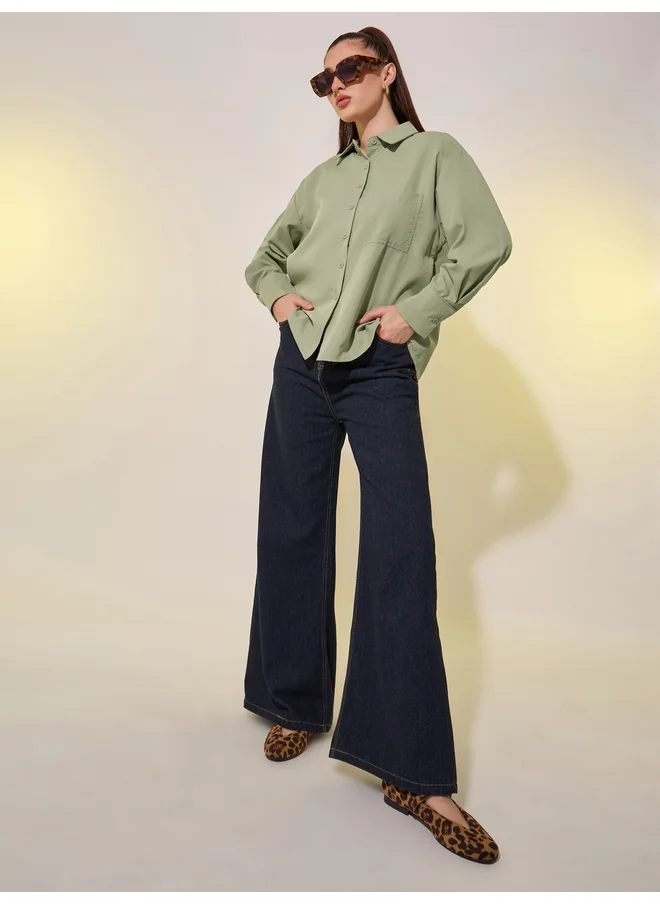 تايك تو Take Two Solid Spread Collar Oversized Shirt