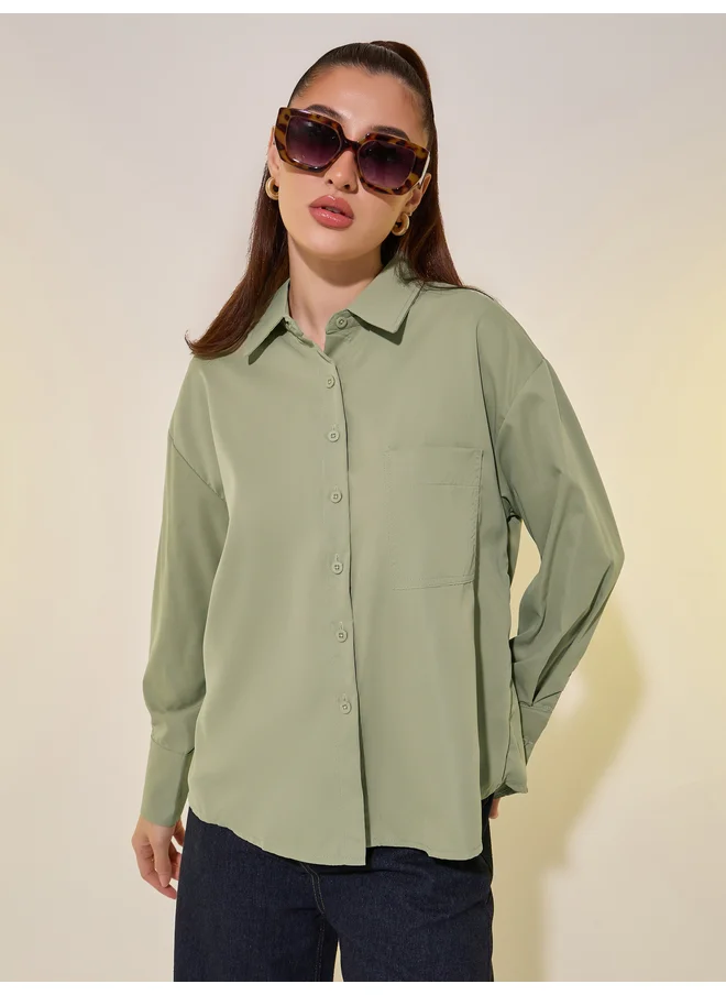 تايك تو Take Two Solid Spread Collar Oversized Shirt