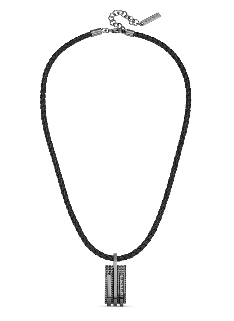 بوليس Police Gripcord Black Leather Gun Metal Stainless Steel Pendant Gents Necklace