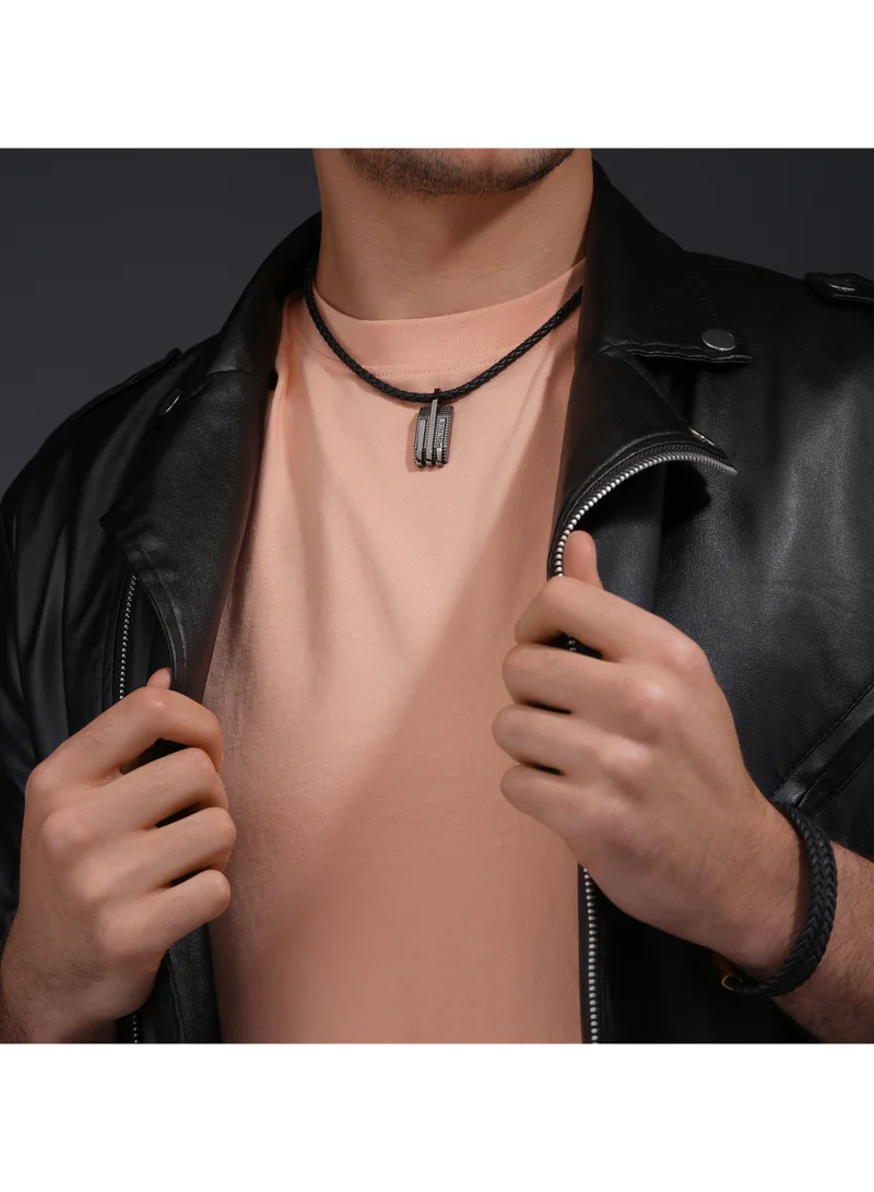 بوليس Gripcord Black Leather and Grey Metal Pendant Necklace For Men