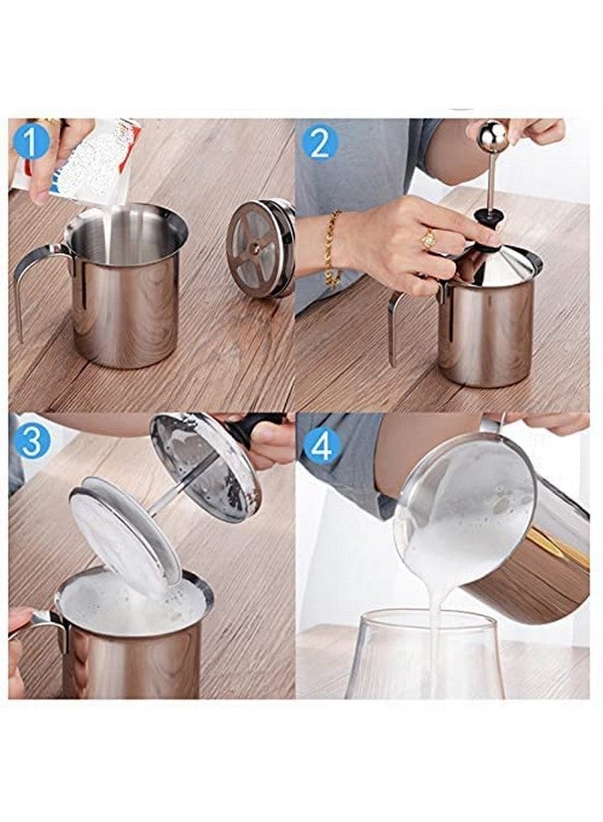 THW® 400 ML Milk Frother, Manual Frother Milk Frothing Pitchers Stainless Steel Coffee Milk Foamer Milk Creamer Frother Latte Cappuccino Foam Pitcher Manual Milk Creamer with Handle - Image 3