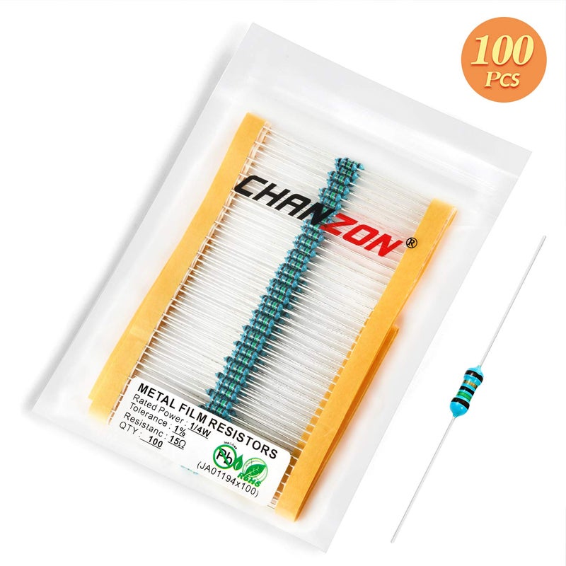 CHANZON 100pcs 1/4W (0.25W) 15 Ω ohm Metal Film Fixed Resistor 0.01 ±1% Tolerance 15R MF Through Hole Resistors Current Limiting Rohs Certificated - Image 5