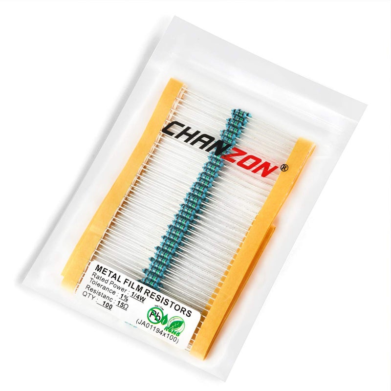 CHANZON 100pcs 1/4W (0.25W) 15 Ω ohm Metal Film Fixed Resistor 0.01 ±1% Tolerance 15R MF Through Hole Resistors Current Limiting Rohs Certificated - Image 3