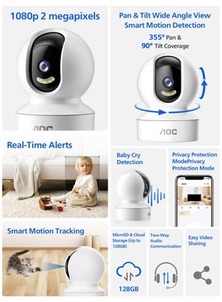 AOC 360° WiFi Security Camera, AI Enhanced 1080P Indoor Camera (Video Enhanced to 2K-Like Detail), Motion Detection, Smart Tracking, Privacy Mode, Two-Way Audio, Night Vision, Supports Up to 128GB TF Card & Cloud Storage, Remote Monitoring for Home, Baby, Pet & Elder Care - view 3