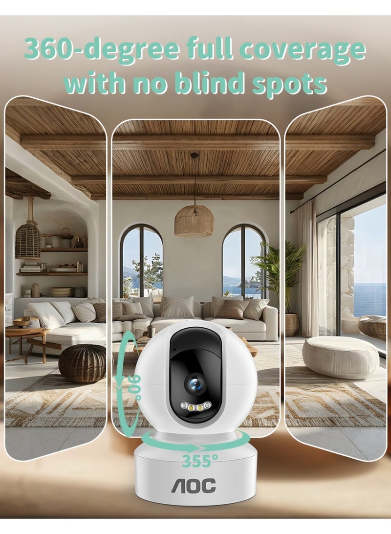 AOC 1080P 360° Pan & Tilt Indoor Security Camera, AI Image Enhancement with 2K-Like Detail, Smart Color Night Vision, Motion Detection & Auto Tracking, Privacy Mode, Two-Way Audio, 2.4GHz WiFi, Supports Up to 128GB TF Card & Cloud Storage - Image 4