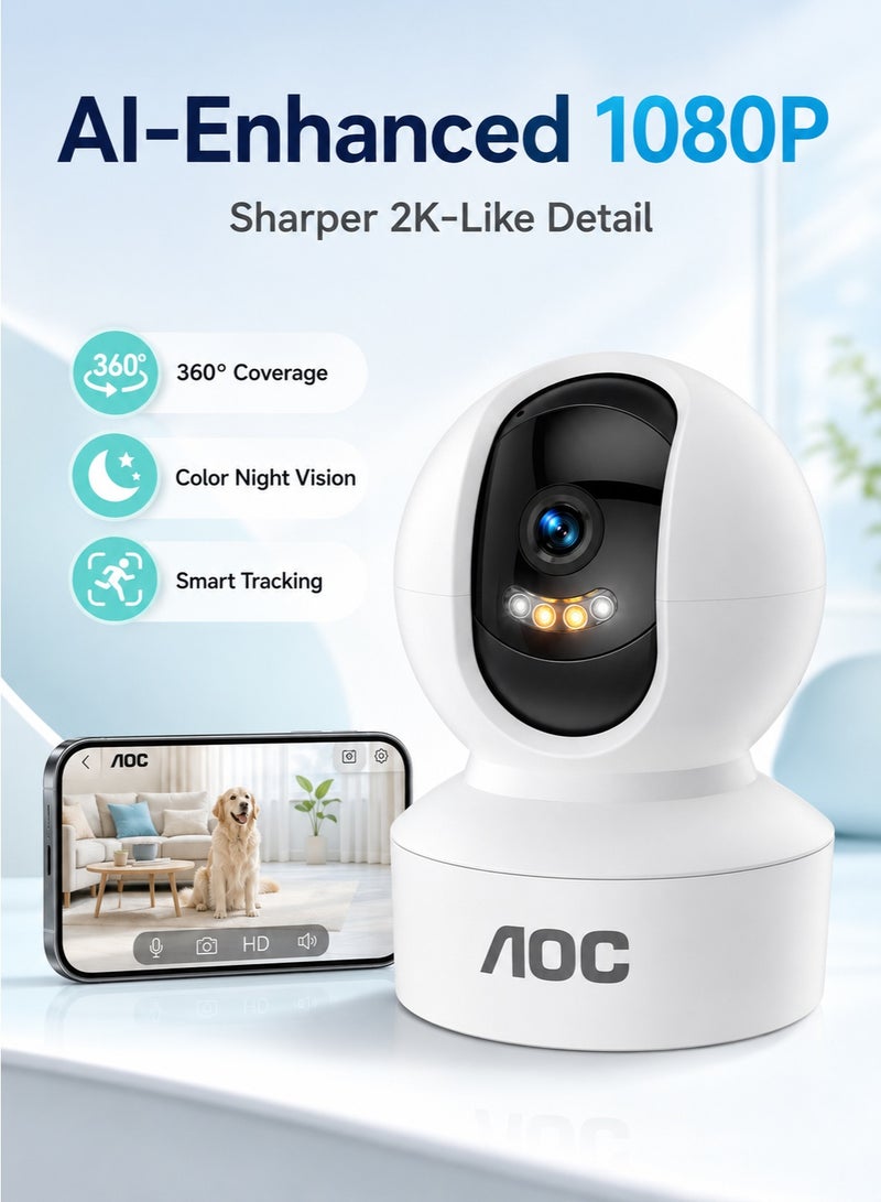 AOC 1080P 360° Pan & Tilt Indoor Security Camera, AI Image Enhancement with 2K-Like Detail, Smart Color Night Vision, Motion Detection & Auto Tracking, Privacy Mode, Two-Way Audio, 2.4GHz WiFi, Supports Up to 128GB TF Card & Cloud Storage - Image 1