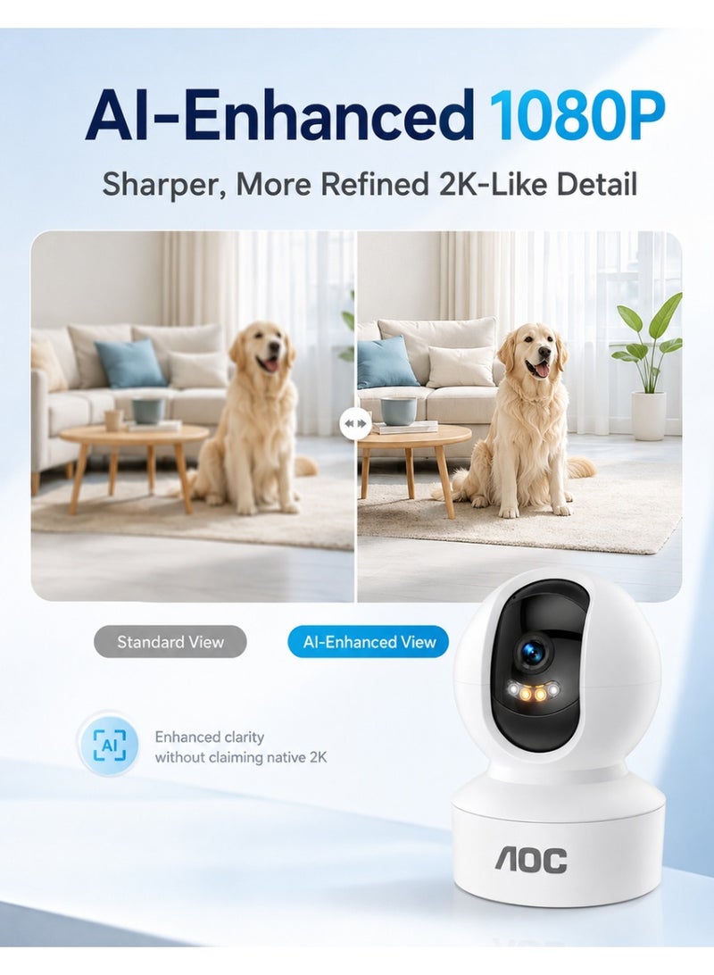 AOC 1080P 360° Pan & Tilt Indoor Security Camera, AI Image Enhancement with 2K-Like Detail, Smart Color Night Vision, Motion Detection & Auto Tracking, Privacy Mode, Two-Way Audio, 2.4GHz WiFi, Supports Up to 128GB TF Card & Cloud Storage - Image 3