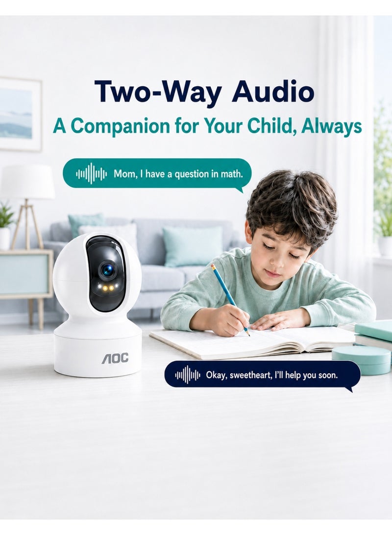 AOC 1080P 360° Pan & Tilt Indoor Security Camera, AI Image Enhancement with 2K-Like Detail, Smart Color Night Vision, Motion Detection & Auto Tracking, Privacy Mode, Two-Way Audio, 2.4GHz WiFi, Supports Up to 128GB TF Card & Cloud Storage - Image 5