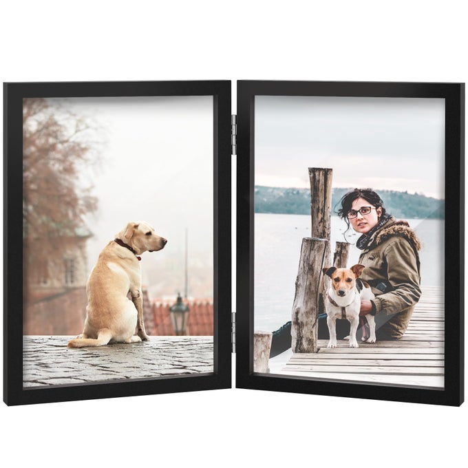 4X6 DOUBLE PICTURE FRAME WOODEN HINGED PHOTO FRAME DEFINITION GLASS STAND VERTICALLY ON DESKTOP OR TABLETOP BLACK