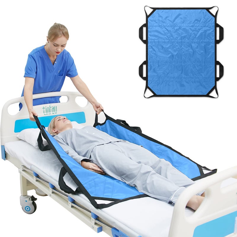 TINFAU 45 x 36 Positioning Bed Pad with Handles Washable Draw Sheets for Hospital Bed Ridden Patient Clothes Waterproof Glide Sheets for Patients Moving Pad for Lifting Transfer Sheet Light Blue