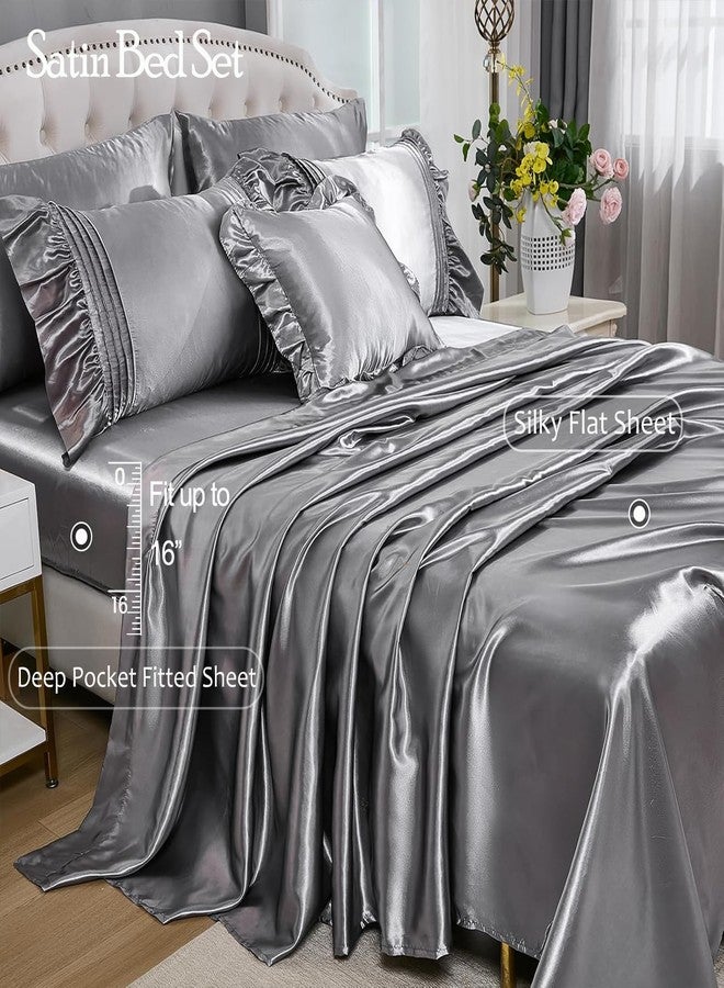 Bedbay Silk Like Satin Comforter Set 8 Pieces Queen Comforter with Sheets Grey Satin Bed Set Luxury Bedding Bed in a Bag 1 Comforter 4 Pillowcasas 1 Flat Sheet 1 Fitted Sheet 1 Cushion Cover - Image 4