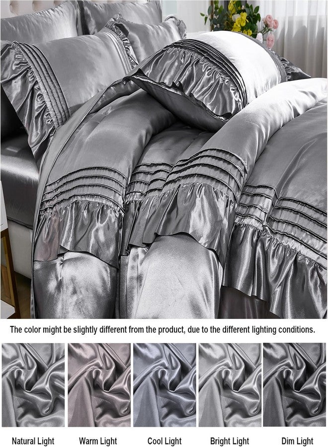 Bedbay Silk Like Satin Comforter Set 8 Pieces Queen Comforter with Sheets Grey Satin Bed Set Luxury Bedding Bed in a Bag 1 Comforter 4 Pillowcasas 1 Flat Sheet 1 Fitted Sheet 1 Cushion Cover - Image 3