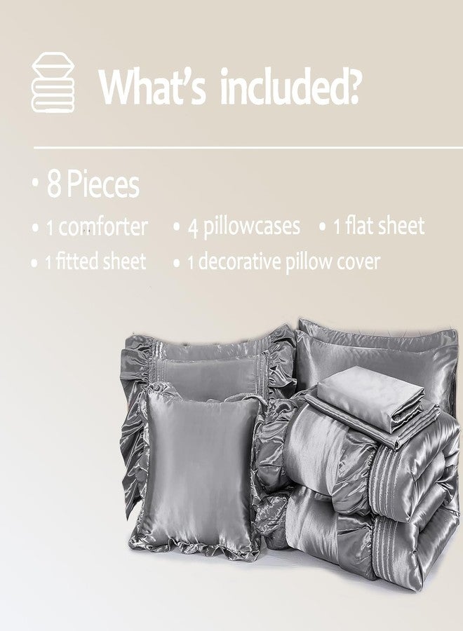 Bedbay Silk Like Satin Comforter Set 8 Pieces Queen Comforter with Sheets Grey Satin Bed Set Luxury Bedding Bed in a Bag 1 Comforter 4 Pillowcasas 1 Flat Sheet 1 Fitted Sheet 1 Cushion Cover - Image 5