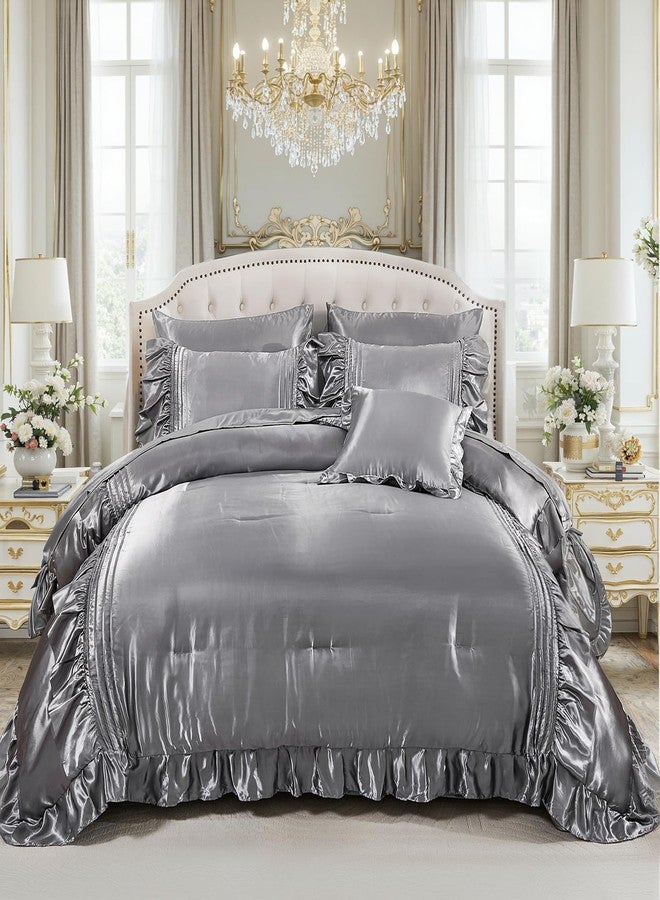 Bedbay Silk Like Satin Comforter Set 8 Pieces Queen Comforter with Sheets Grey Satin Bed Set Luxury Bedding Bed in a Bag 1 Comforter 4 Pillowcasas 1 Flat Sheet 1 Fitted Sheet 1 Cushion Cover - Image 2