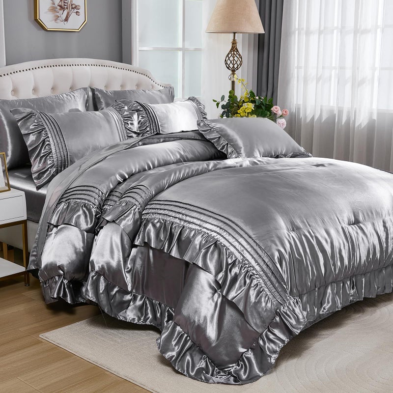 Bedbay Silk Like Satin Comforter Set 8 Pieces Queen Comforter with Sheets Grey Satin Bed Set Luxury Bedding Bed in a Bag 1 Comforter 4 Pillowcasas 1 Flat Sheet 1 Fitted Sheet 1 Cushion Cover - Image 1
