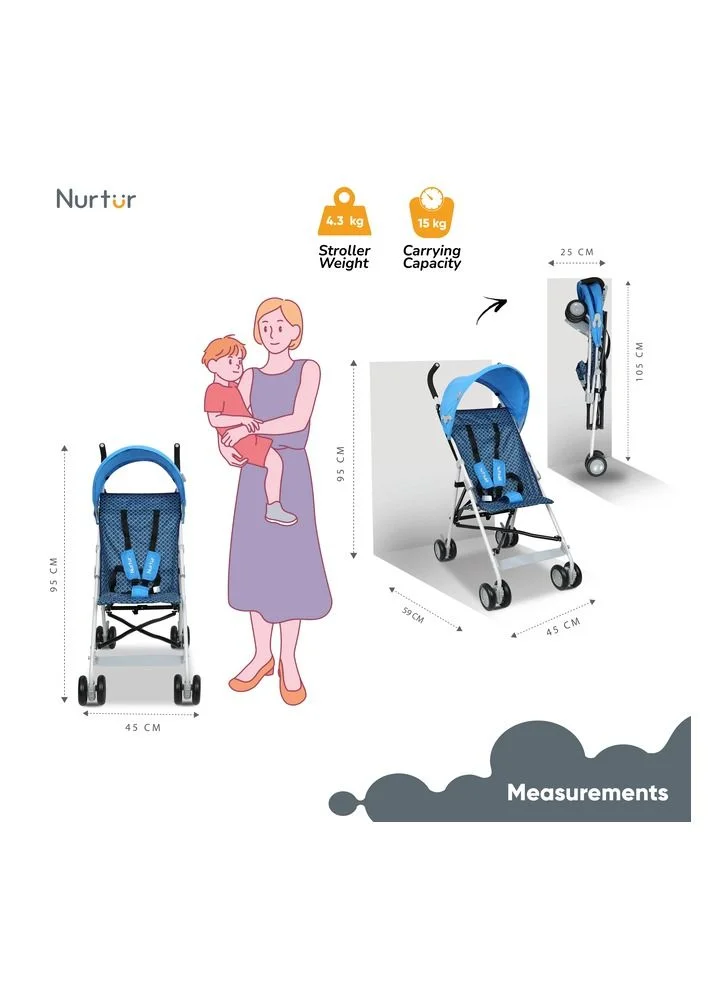 Nurtur Rex Lightweight Stroller – Compact Fold, Sun Canopy, Shoulder Strap, Airflow Design, Portable Buggy for Toddlers 6-36 Months, Easy Fold, - Blue / Black