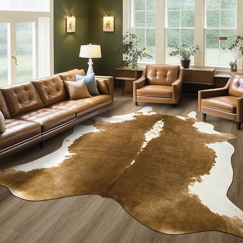 BENRON Premium Cowhide Rug, Faux Cow Hide Rugs for Living Room Bedroom Western Home Decor, Non Slip Cute Rug with Irregular Animal Skins and Hides, Khaki Brown, 5.2 x 6.2ft - Image 3