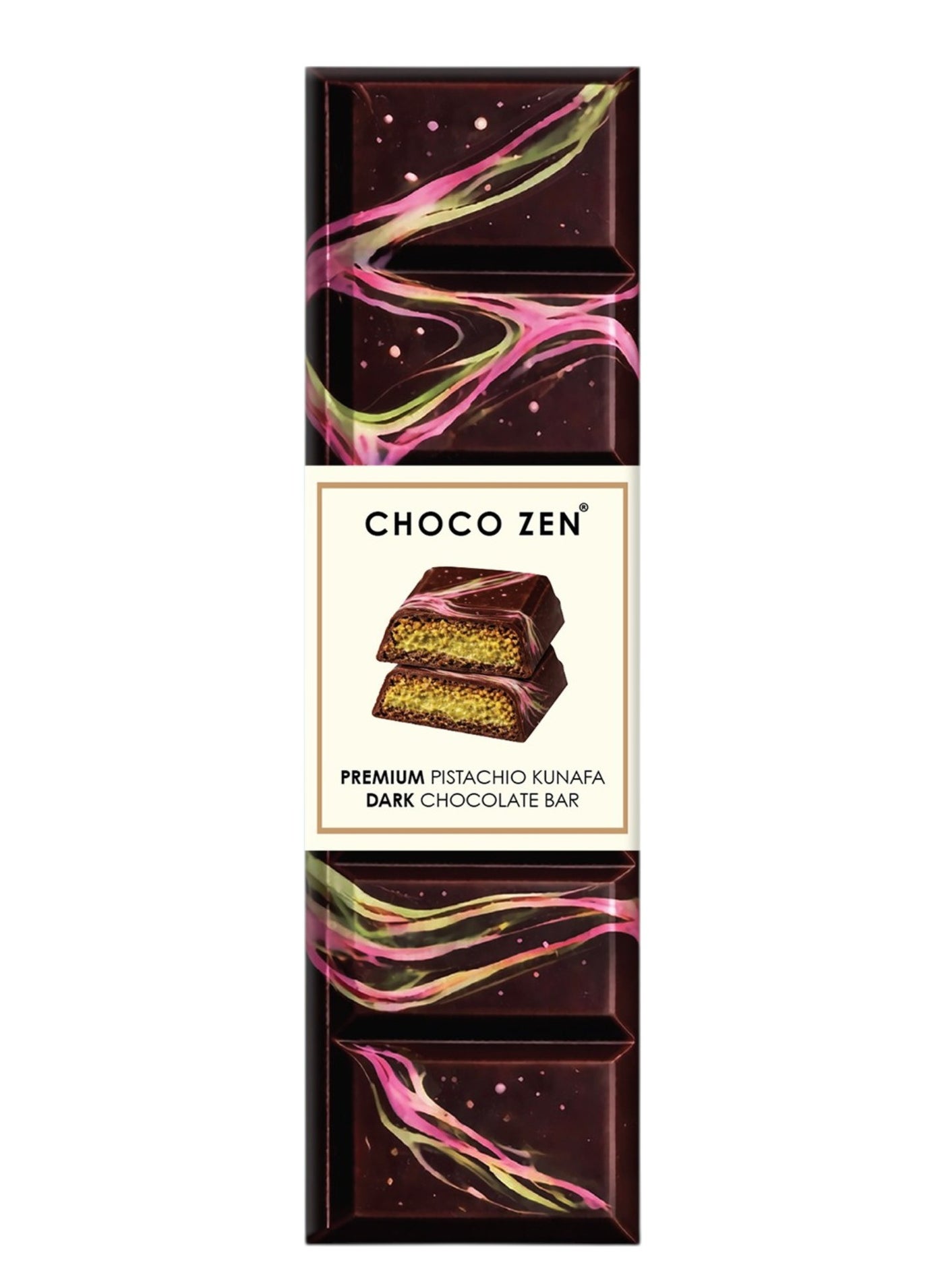 Choco Zen Premium Dubai Chocolate Pistachio Kunafa Bar (45g, Dark Chocolate) – Luxury Dessert, Gourmet, Rich with Premium Roasted Pistachio & Crispy Kunafa, Dubai Chocolate Gift
