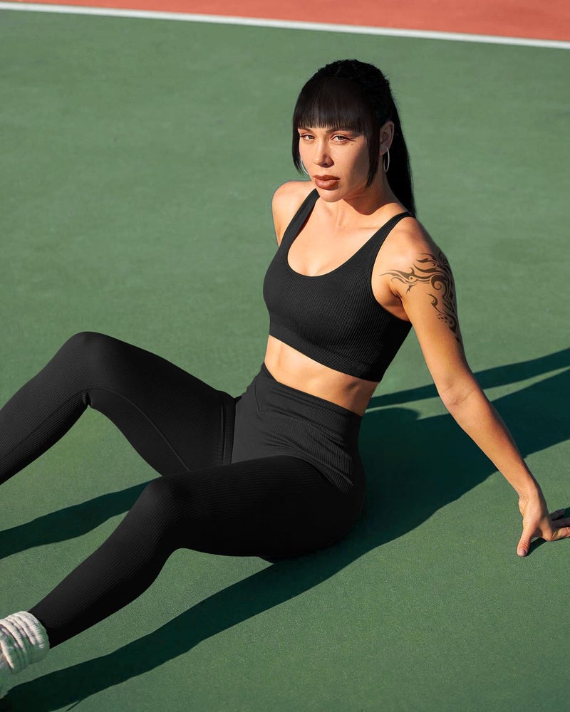 OQQ Women's 2 Piece Yoga Leggings Ribbed Seamless Workout High Waist Cross Over Athletic Exercise Leggings Black Sauerkraut - Image 4