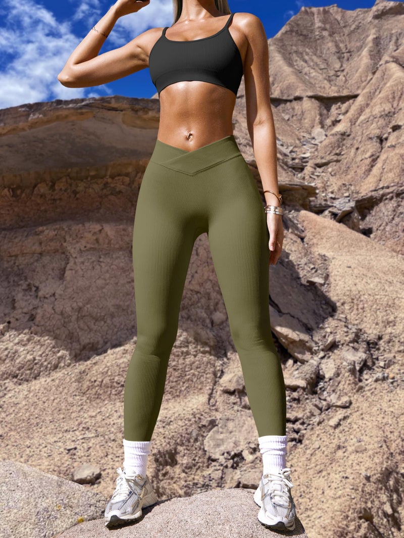 OQQ Women's 2 Piece Yoga Leggings Ribbed Seamless Workout High Waist Cross Over Athletic Exercise Leggings Black Sauerkraut - Image 5