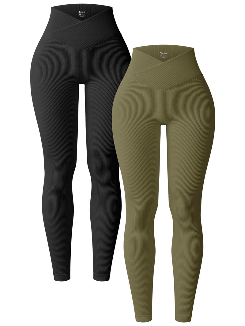 OQQ Women's 2 Piece Yoga Leggings Ribbed Seamless Workout High Waist Cross Over Athletic Exercise Leggings Black Sauerkraut - Image 1