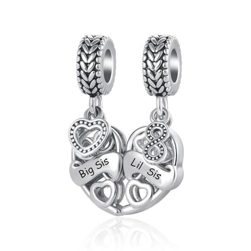 QeenseKc Big Sister Little Sister Matching Heart Charm for Pandora Bracelet Necklace Infinity Bead Set 2 Christmas Gift - Image 1