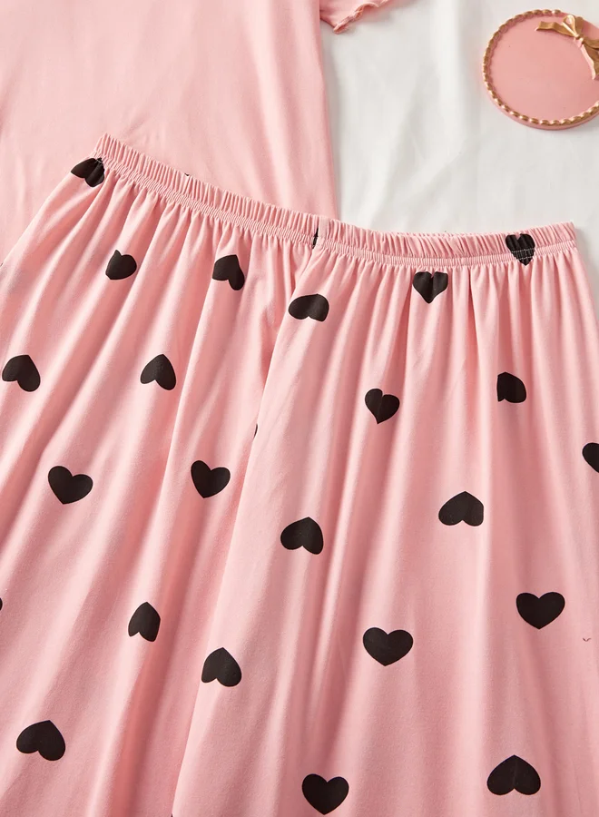 Take Two Pink Plus Size Lace Detail Top and Heart Print Shorts Set for Women | Best Price UAE