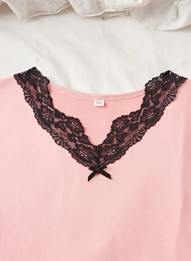 Take Two Pink Plus Size Lace Detail Top and Heart Print Shorts Set for Women | Best Price UAE