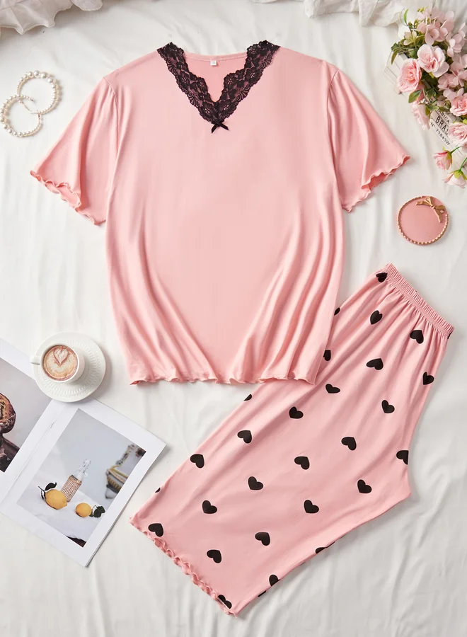 Take Two Pink Plus Size Lace Detail Top and Heart Print Shorts Set for Women | Best Price UAE