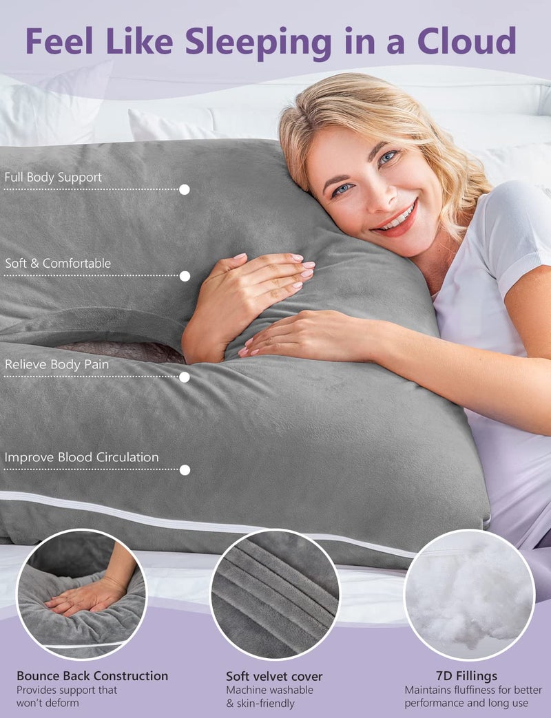 Meiz Pregnancy Pillow, U Shaped Pregnancy Body Pillow with Zipper Removable Cover (Gray- Velvet) - Image 5