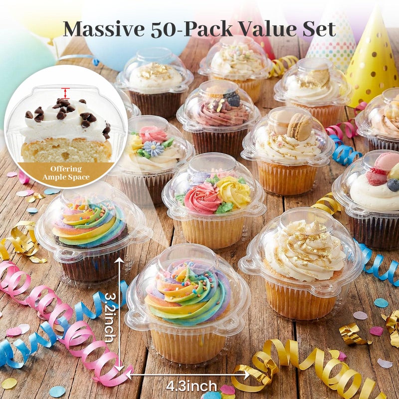 VGOODALL 50Pack Individual Cupcake Containers with Lid, 4.3 x 3.2 Inches Plastic Clear Cupcake Holder for Wedding Baby Shower Birthday Party Supply - Image 2